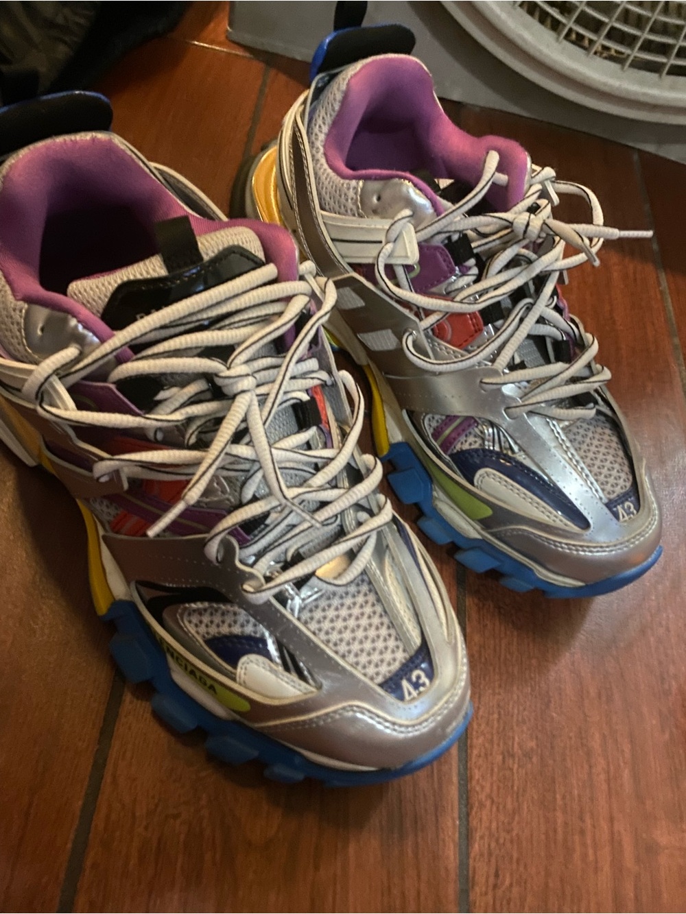 Balenciaga Silver Sneakers with Blue, Yellow & Purple Accents - Picture 2 of 2